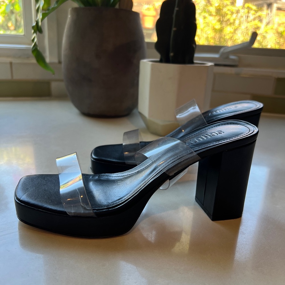 Schutz Ariella Platform - Women's Black Block Heel Sandals with vinyl straps